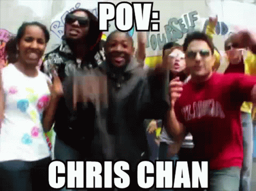 a group of people are posing for a picture and the caption says pov chris chan