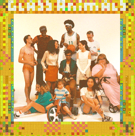 A Group Of People Are Posing For A Picture With The Words Glass Animals On The Top GIF