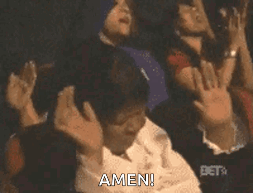 A Group Of People Are Praying With Their Hands In The Air And The Word Amen Is On The Bottom GIF