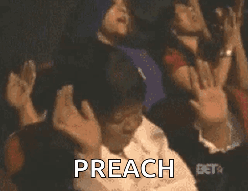 A Group Of People Are Raising Their Hands In The Air And The Word Preach Is On The Screen GIF