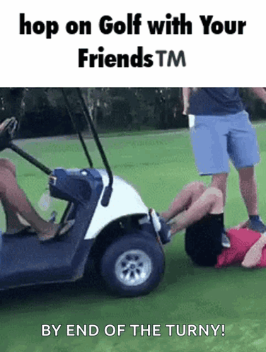 A Group Of People Are Riding A Golf Cart On A Golf Course . GIF