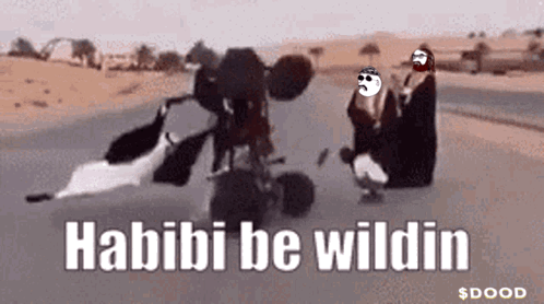 A Group Of People Are Riding A Motorcycle In The Desert And They Are Talking About Habibi Be Wildin . GIF