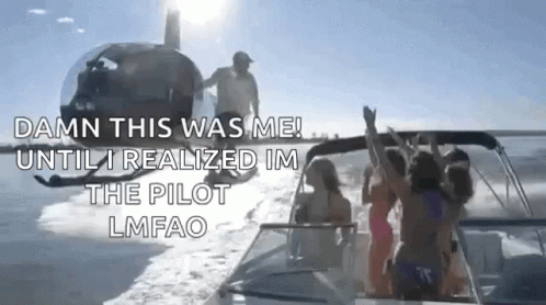 A Group Of People Are Riding On A Boat In The Water With A Helicopter Flying In The Background . GIF