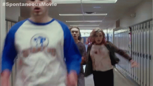 a group of people are running down a hallway with the words spontaneous movie written on the bottom