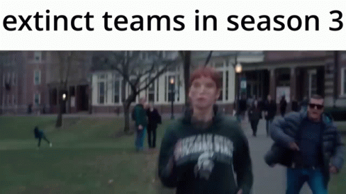 A Group Of People Are Running In A Park With The Words Extinct Teams In Season 3 GIF