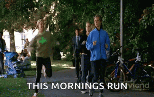 A Group Of People Are Running In A Park With The Words This Mornings Run Written On The Bottom GIF