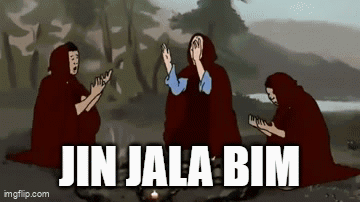 A Group Of People Are Sitting Around A Fire With The Words Jin Jala Bim Written On The Bottom GIF