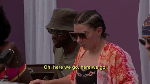A Group Of People Are Sitting Around A Table And One Of Them Is Saying " Oh Here We Go Here We Go " . GIF