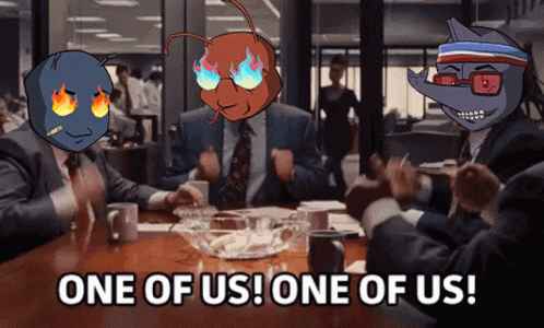 A Group Of People Are Sitting Around A Table With One Of Them Saying One Of Us GIF