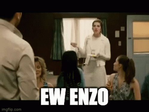 A Group Of People Are Sitting Around A Table With The Words Ew Enzo Written On The Screen GIF