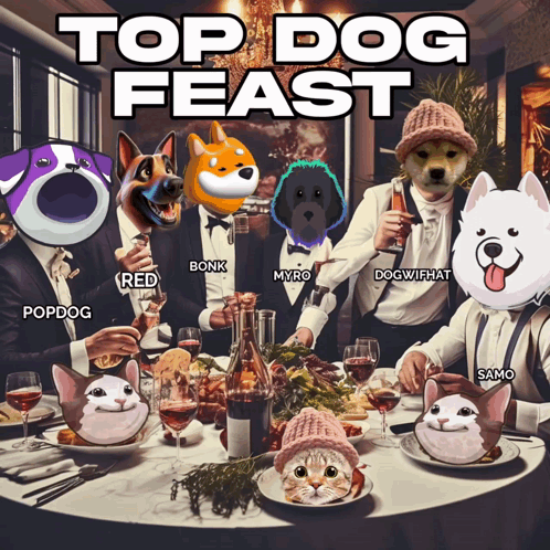 A Group Of People Are Sitting Around A Table With Their Heads On Dogs And Cats With The Words Top Dog Feast Above Them GIF