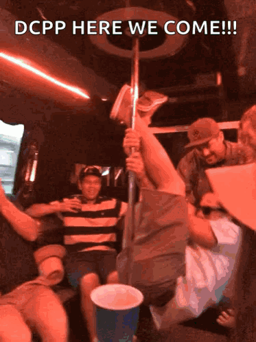 A Group Of People Are Sitting In A Car With The Words Dcpp Here We Come GIF