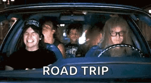 A Group Of People Are Sitting In A Car With The Words `` Road Trip '' On The Back . GIF