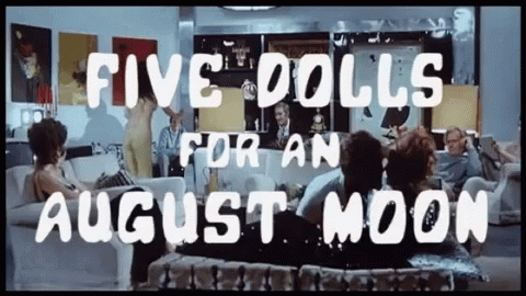 A Group Of People Are Sitting In A Living Room With The Words Five Dolls For An August Moon On The Bottom GIF