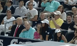 A Group Of People Are Sitting In A Stadium Watching A Baseball Game And One Of Them Is Wearing A Ny Hat GIF