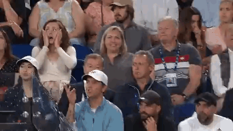 A Group Of People Are Sitting In A Stadium Watching A Tennis Match And A Woman Is Covering Her Face With Her Hands . GIF