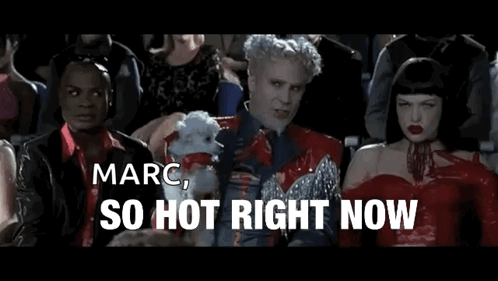 A Group Of People Are Sitting In A Theater And One Of Them Is Holding A Dog And Says Marc So Hot Right Now GIF