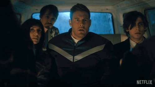 A Group Of People Are Sitting In A Van With Netflix Written On The Bottom GIF