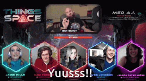 A Group Of People Are Sitting In Front Of A Screen With Things Space Written On It GIF
