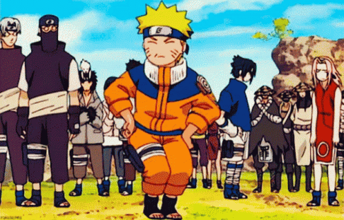 A Group Of People Are Standing Around A Cartoon Character , Naruto , In A Field . GIF