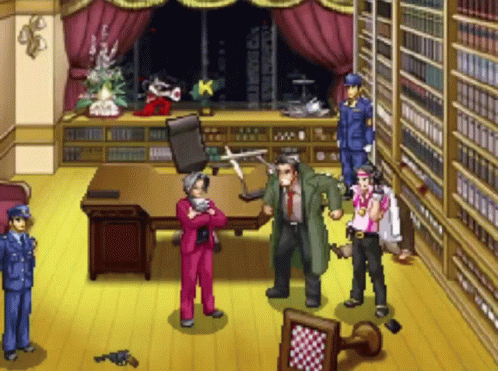 A Group Of People Are Standing Around A Desk In A Room With A K On The Window GIF