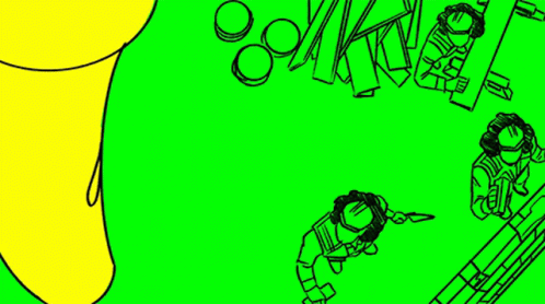 A Group Of People Are Standing Around A Giant Yellow Object On A Green Background . GIF