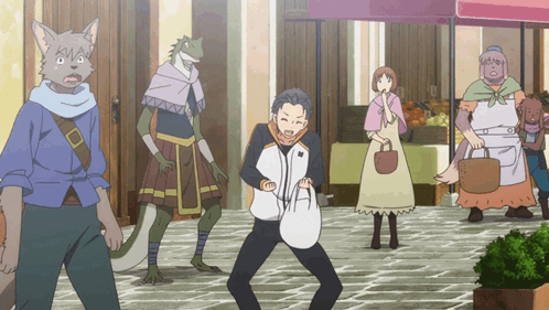 A Group Of People Are Standing Around A Man With A Bag On His Back GIF