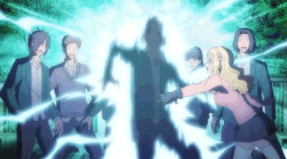 A Group Of People Are Standing Around A Person Being Attacked By A Ghost . GIF