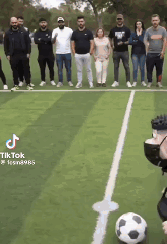 A Group Of People Are Standing Around A Soccer Ball On A Field With Tiktok Written On The Bottom GIF