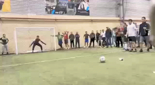 A Group Of People Are Standing Around A Soccer Field Watching A Goalie Kick A Soccer Ball . GIF