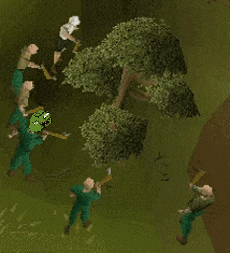 A Group Of People Are Standing Around A Tree With The Words " Shill " Written On The Bottom GIF
