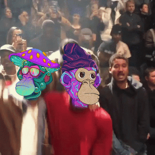 A Group Of People Are Standing In A Crowd With Monkeys On Their Faces GIF