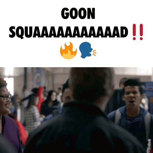 A Group Of People Are Standing In A Crowd With The Words Goon Squaaaaaaaaad !! Above Them GIF