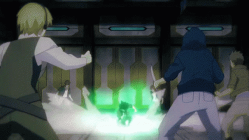 A Group Of People Are Standing In A Dark Room With A Green Light Coming Out Of A Doorway GIF