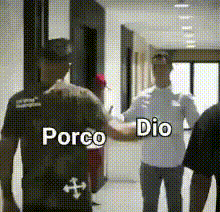 a group of people are standing in a hallway with the words porco dio written on the bottom of the image .
