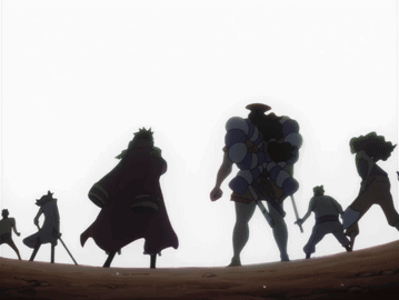 A Group Of People Are Standing In A Line With One Holding A Sword GIF