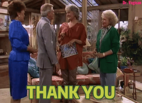 A Group Of People Are Standing In A Living Room With The Words Thank You Written In Green GIF