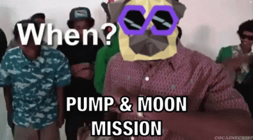 A Group Of People Are Standing In A Room With The Words " When Pump & Moon Mission " On The Bottom GIF