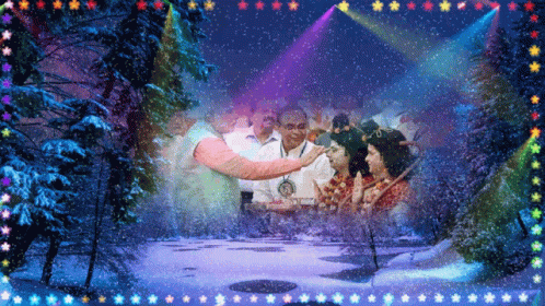 A Group Of People Are Standing In A Snowy Forest Surrounded By Lights GIF