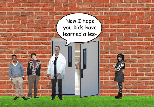 A Group Of People Are Standing In Front Of A Brick Wall With A Speech Bubble That Says Now GIF