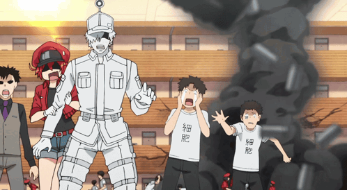 A Group Of People Are Standing In Front Of A Building And One Of Them Is Wearing A White Shirt With Chinese Characters O GIF