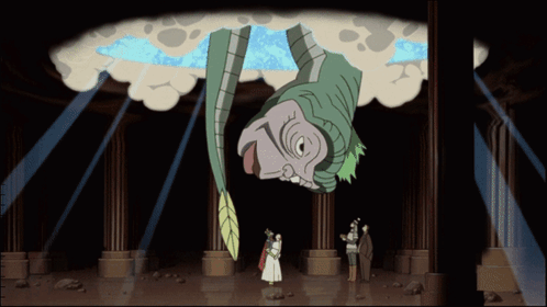 A Group Of People Are Standing In Front Of A Cartoon Character GIF