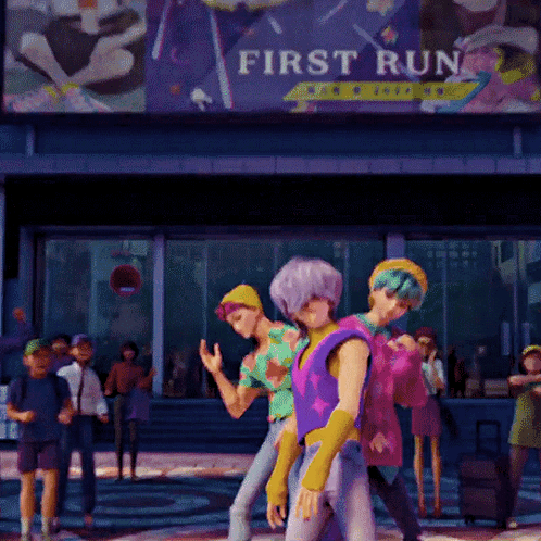 A Group Of People Are Standing In Front Of A First Run Sign GIF