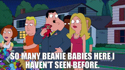 A Group Of People Are Standing In Front Of A House And A Man Is Holding A Stuffed Animal . GIF