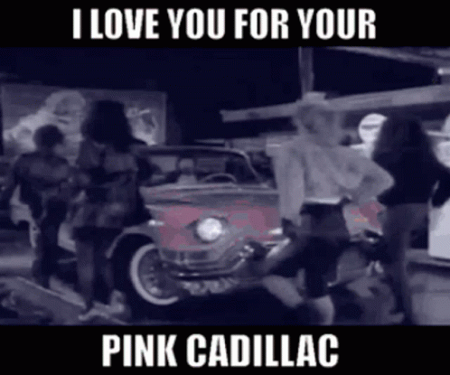 A Group Of People Are Standing In Front Of A Pink Cadillac That Says " I Love You For Your Pink Cadillac " GIF