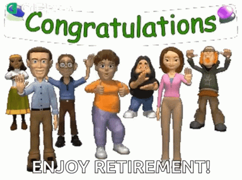 A Group Of People Are Standing In Front Of A Sign That Reads Congratulations Enjoy Retirement GIF