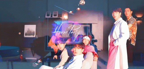 A Group Of People Are Standing In Front Of A Sign That Says " House Party " GIF
