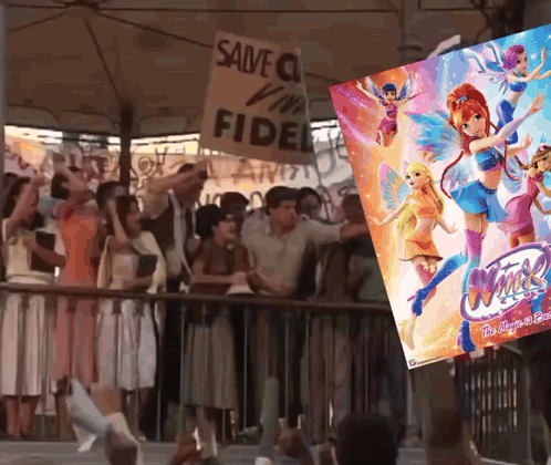 A Group Of People Are Standing In Front Of A Sign That Says Save A Virgin Fidel GIF