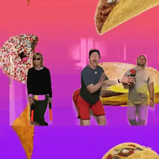 A Group Of People Are Standing In Front Of A Taco And Donut GIF