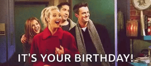 A Group Of People Are Standing Next To Each Other And Laughing While A Woman Says `` It 'S Your Birthday '' . GIF